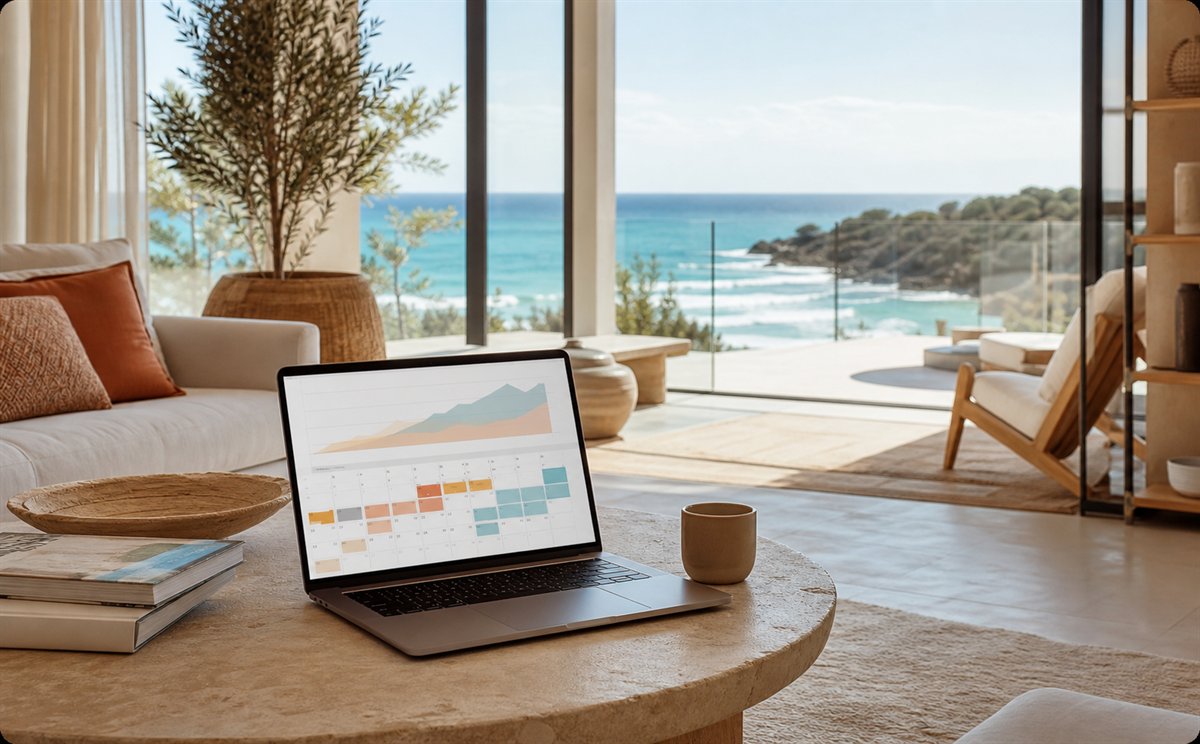 Coastal villa interior with a laptop showing an abstract booking calendar