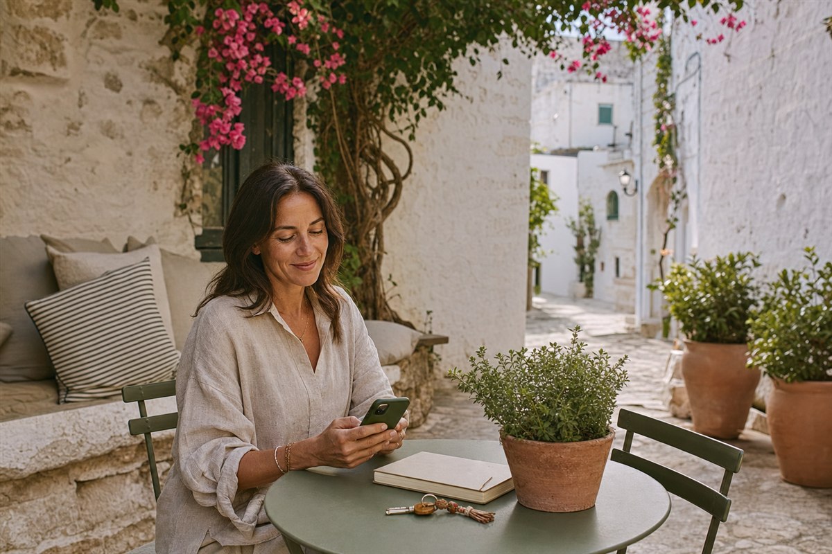 Holiday-home owner calmly checking her phone in a stone courtyard